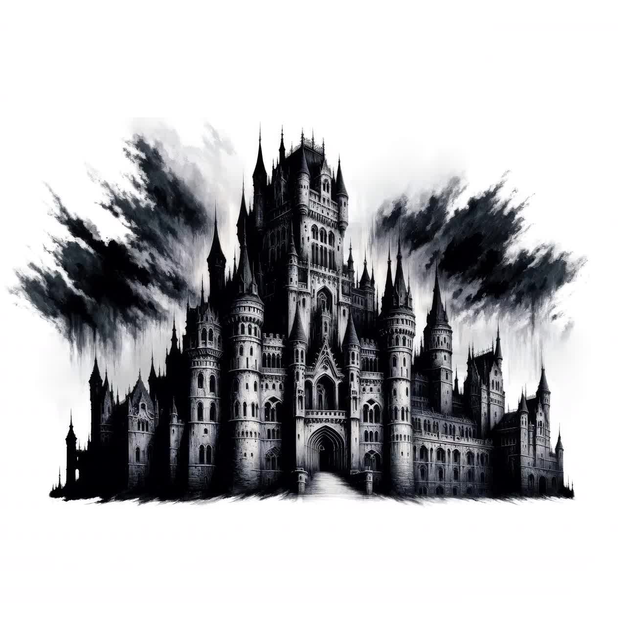 ブロッターアート ドラゴン 幻想建築 モノクロ ゴシック城クリップアート集：ダークファンタジーアート（デジタル