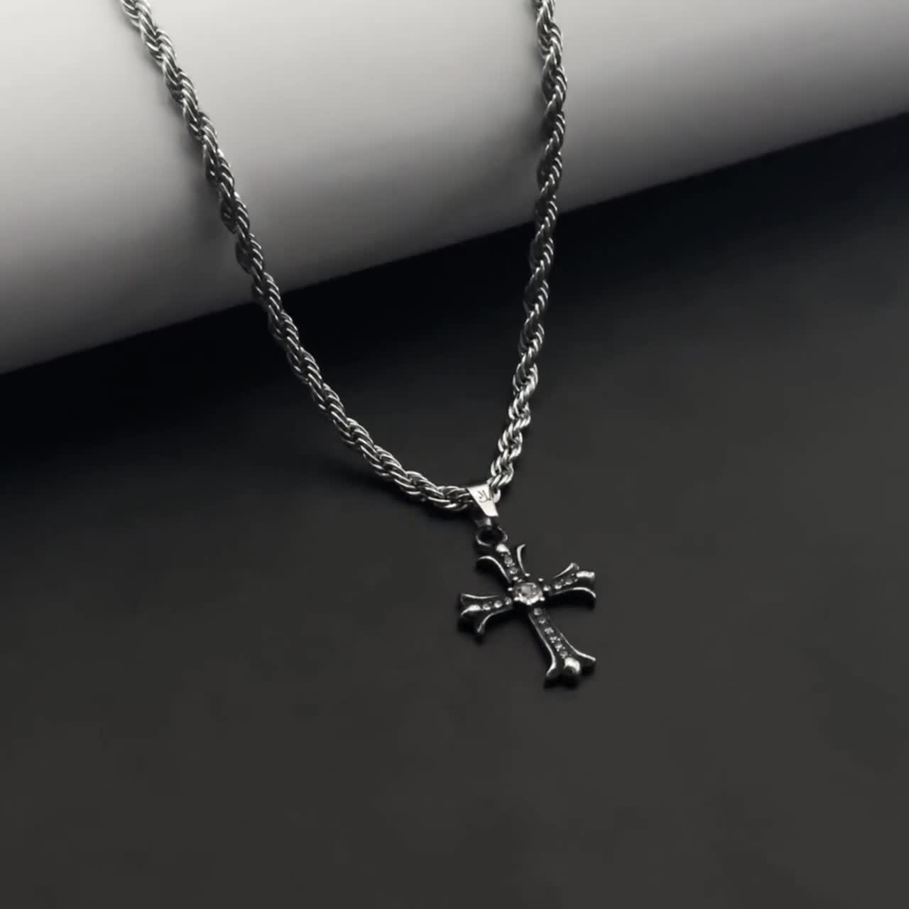 Y2K Diamond Cross Chain Silver | 4 Mm Twisted Rope Necklace Men Y2K Diamond Cross Chain Silver | 4 Mm Twisted Rope Necklace Men