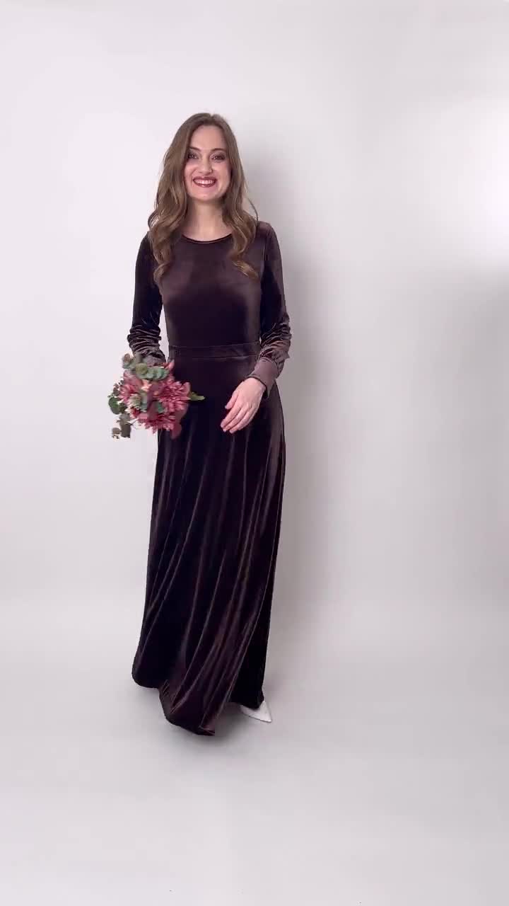 Chocolate Brown Velvet Maxi Dress: Elegant Long Sleeve Gown, Fall Wedding Guest, Modest Bridesmaid