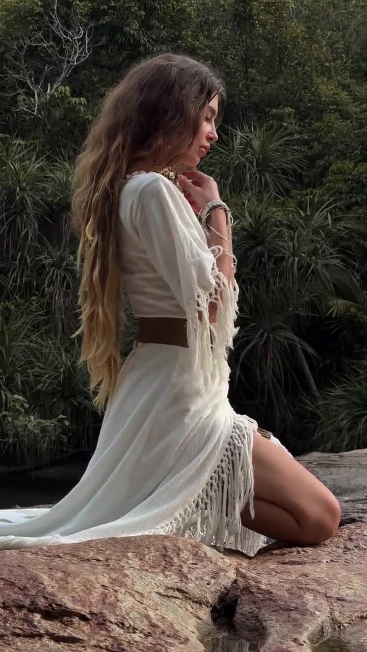 bohemian hair dress WHITE BOHO ꧁Kayame꧂ Fringe wedding dress • White maxi dress • White goddess dress • dress • Western dress • White linen dress making your dress one