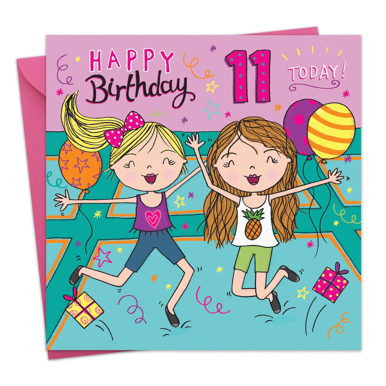 女の子向け 11 歳の誕生日カード - トランポリン パーティー - 11 歳の