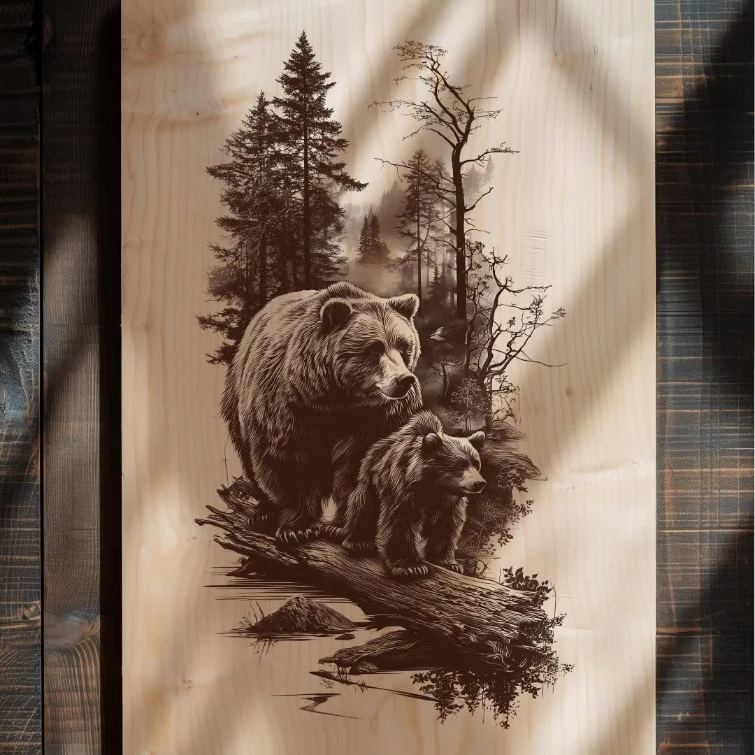 クマと子熊のPNG彫刻 | 山の風景を描いた森の野生動物のクリップアート