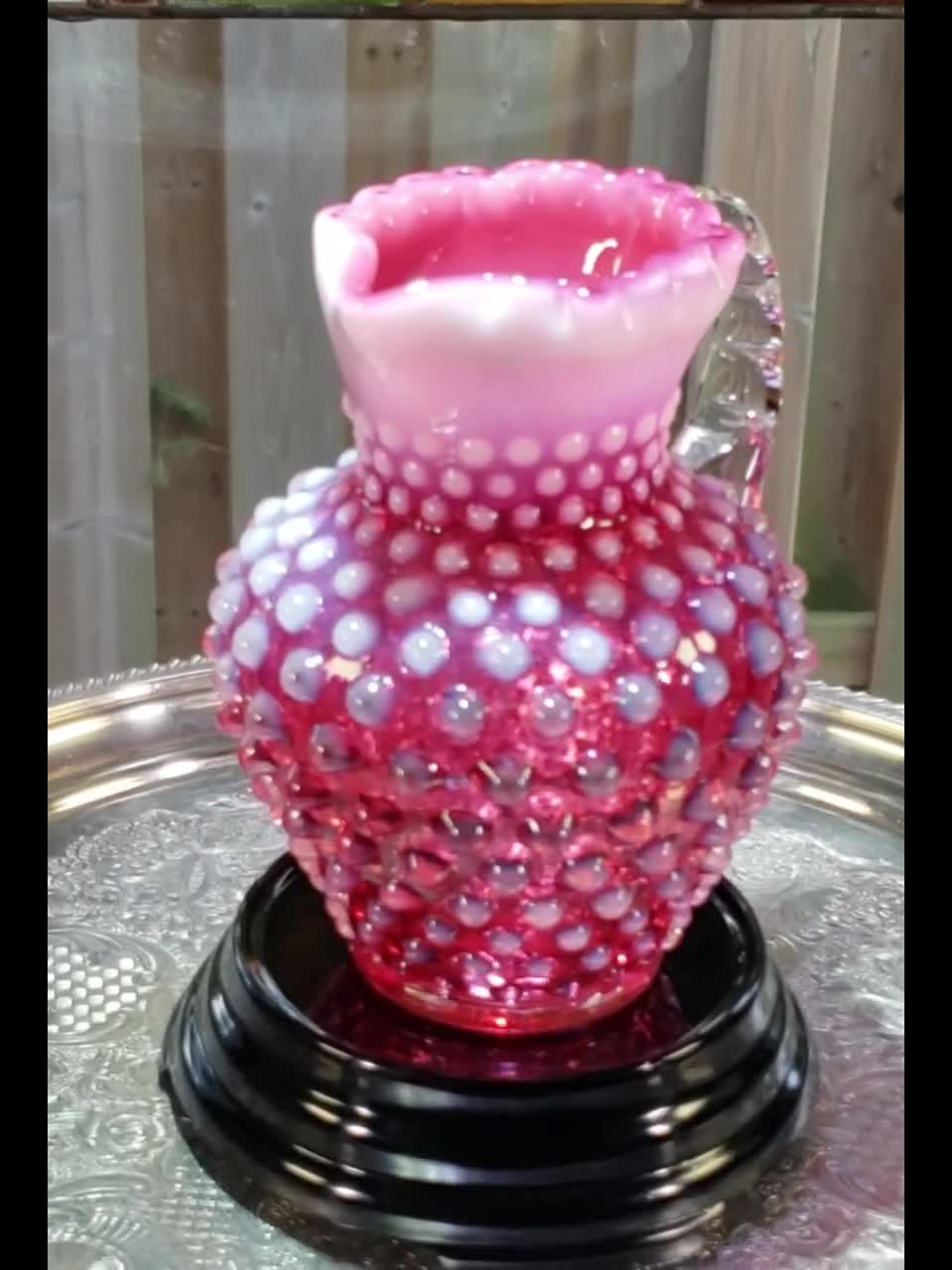 Fenton Glass Pitcher: Cranberry Pink Hobnail - Opalescent Vintage