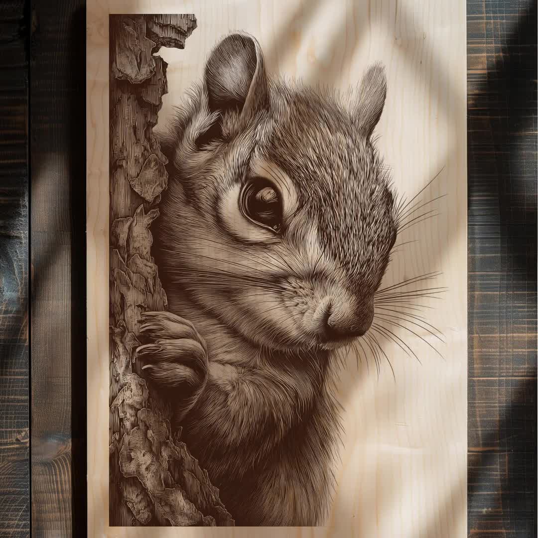 Squirrel Wood Engraving PNG | Rustic Wildlife CNC File | Woodland