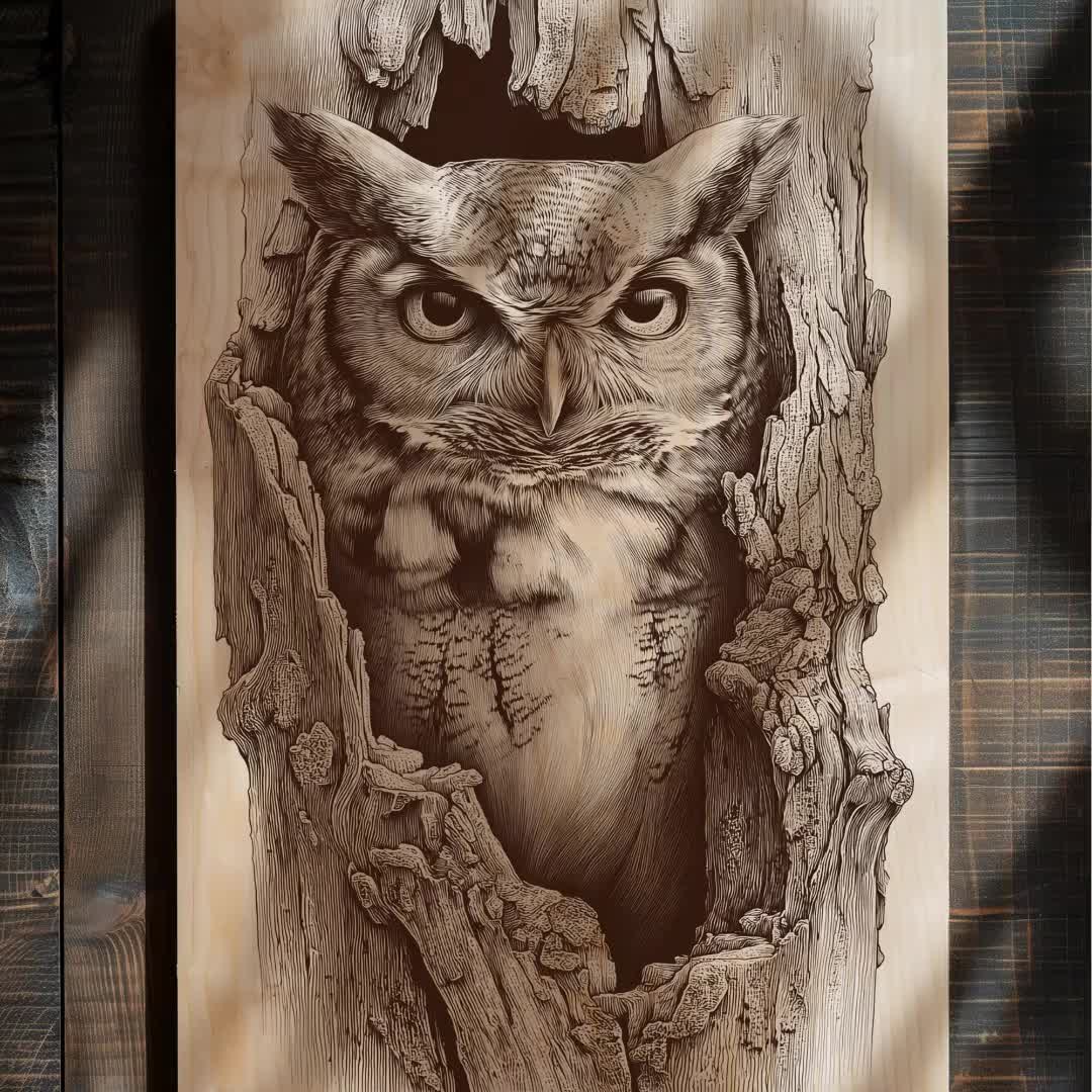雄大なフクロウの彫刻 PNG | 素朴な木版画の野生動物アート | CNC