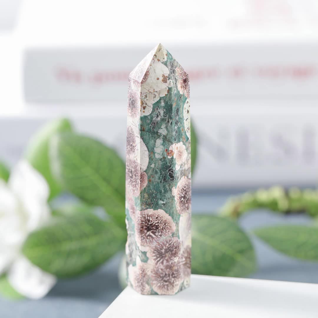 Green Sakura Flower Agate Tower ,flower Agate Point ,chakra Stone