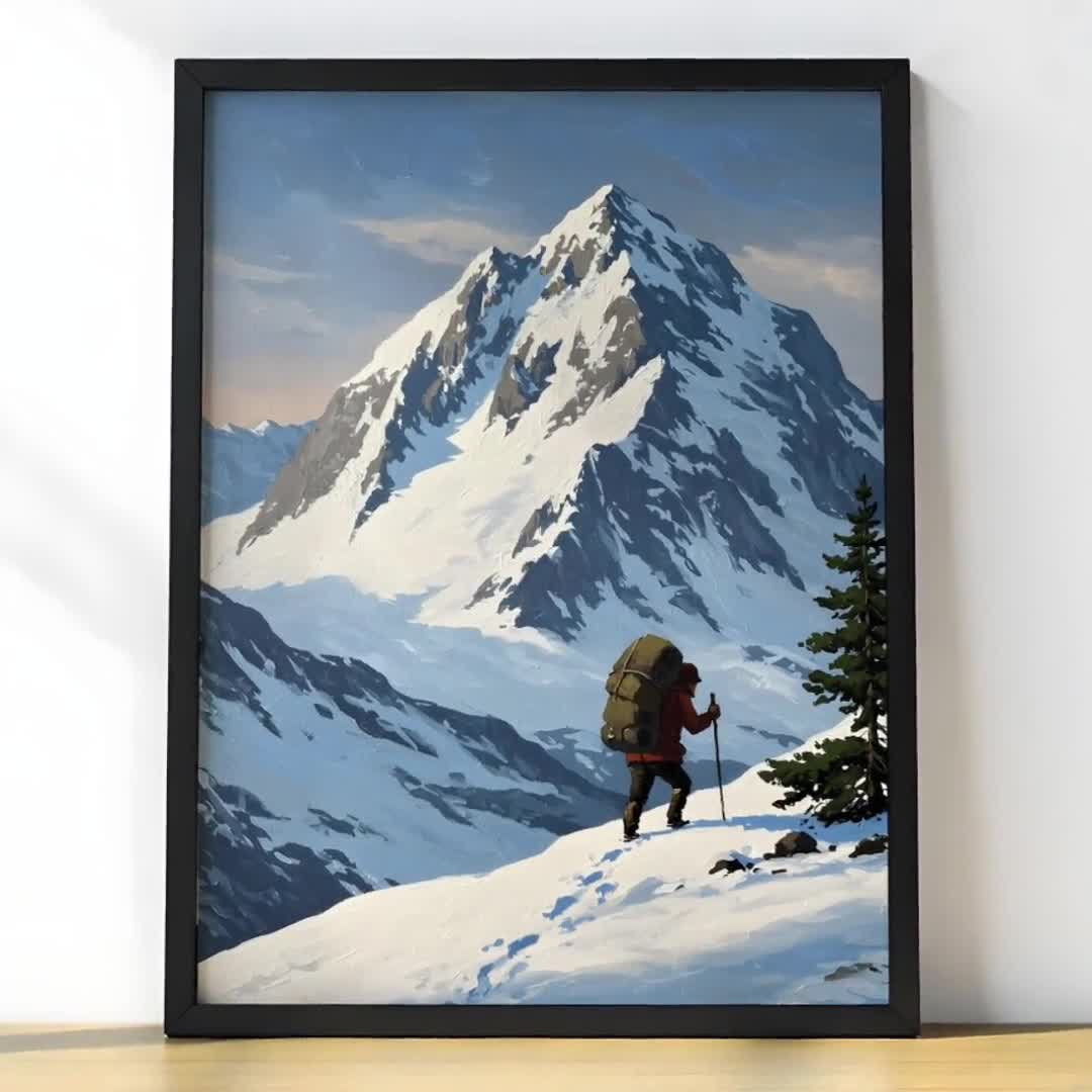 Snowy Mountain Explorer Poster | Snowy Peak Landscape Painting
