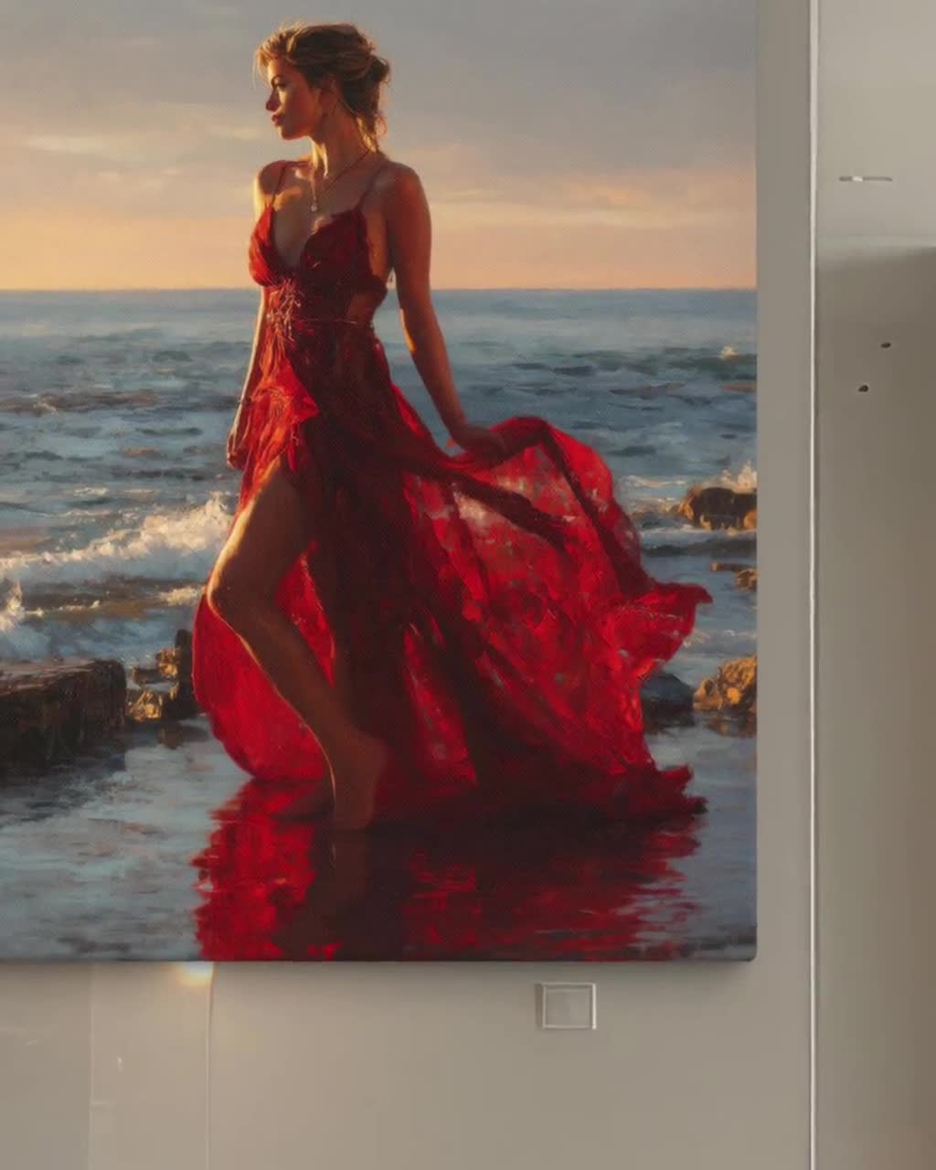 Woman in Red Dress by the Sea, Romantic Sunset Wall Art, Elegant Beach Canvas Painting Ready to Hang for Bedroom or Living Room