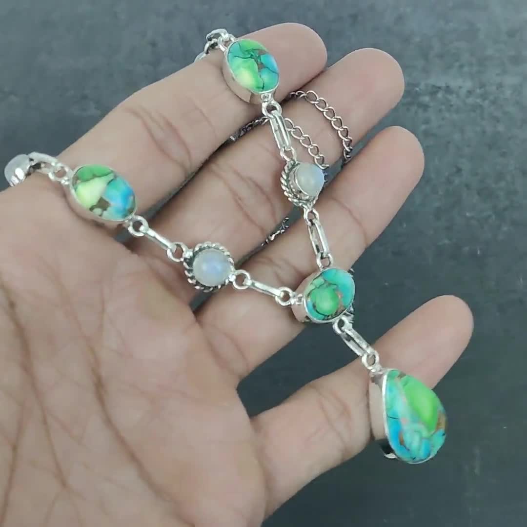 Peacock Dahlia Turquoise Necklace: Rainbow Moonstone & Silver