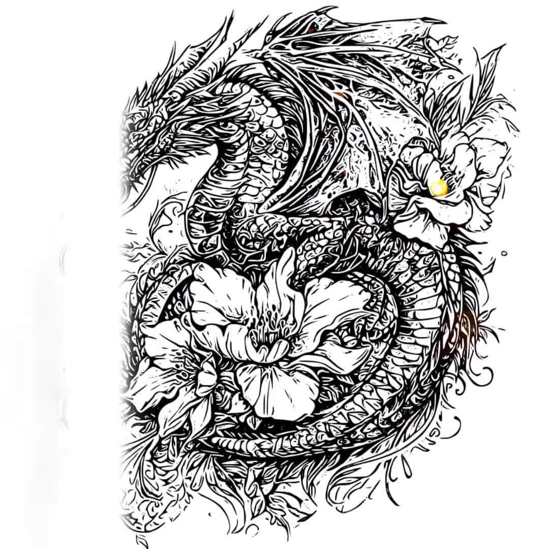 ドラゴンのタトゥーデザイン：花柄ドラゴン、高解像度ステンシル（PNG