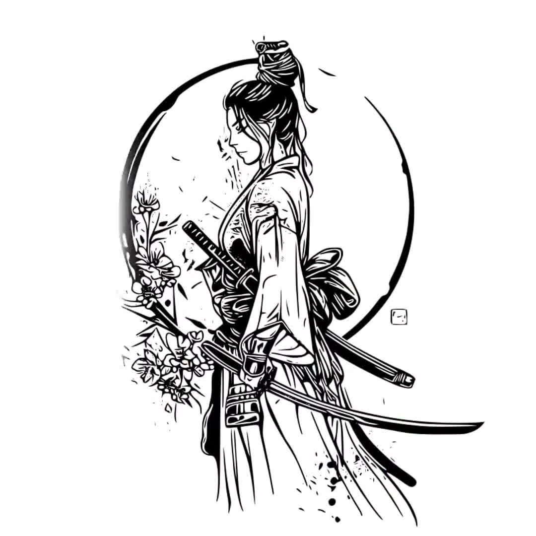 モノクロ 日本文化 イラスト アート（オリジナル） 女性サムライタトゥーデザイン - 高解像度デジタルアートPNG透明背景を