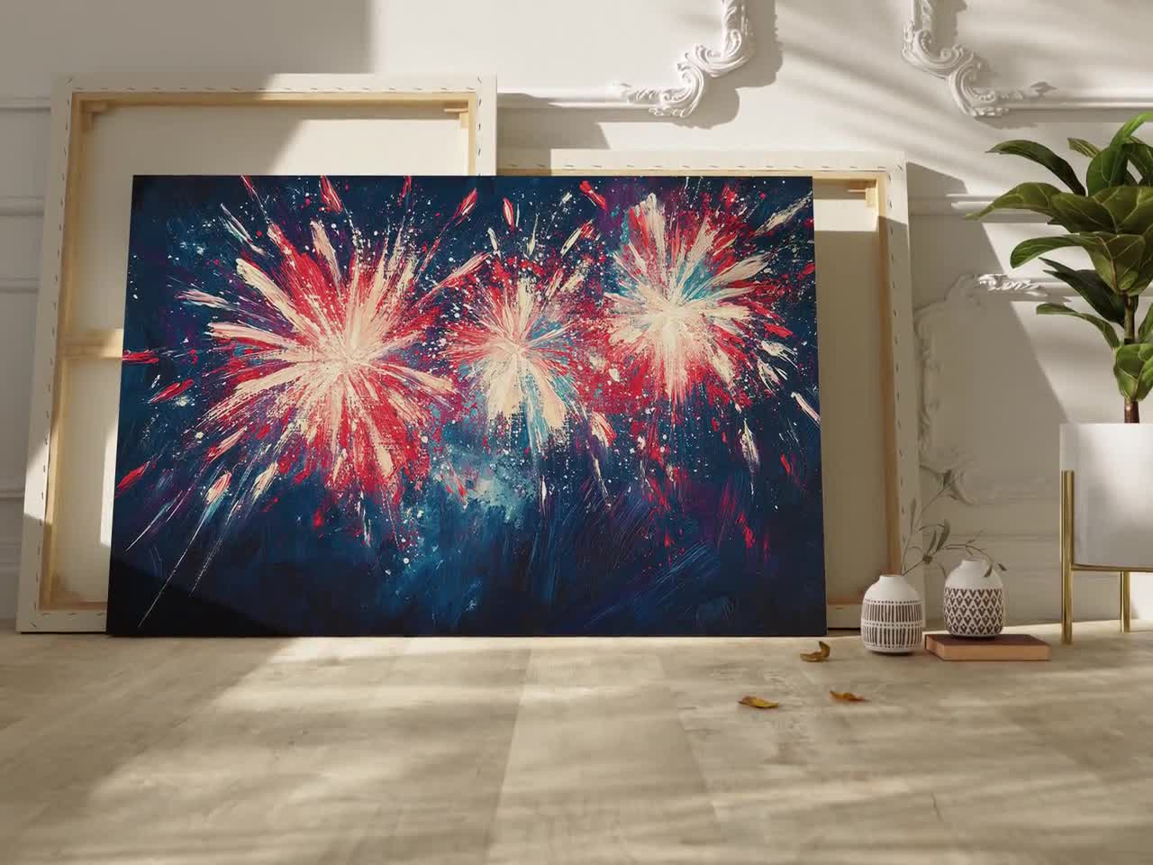 愛国的な花火のキャンバス壁アート | 赤、白、青の抽象的な爆発の絵画