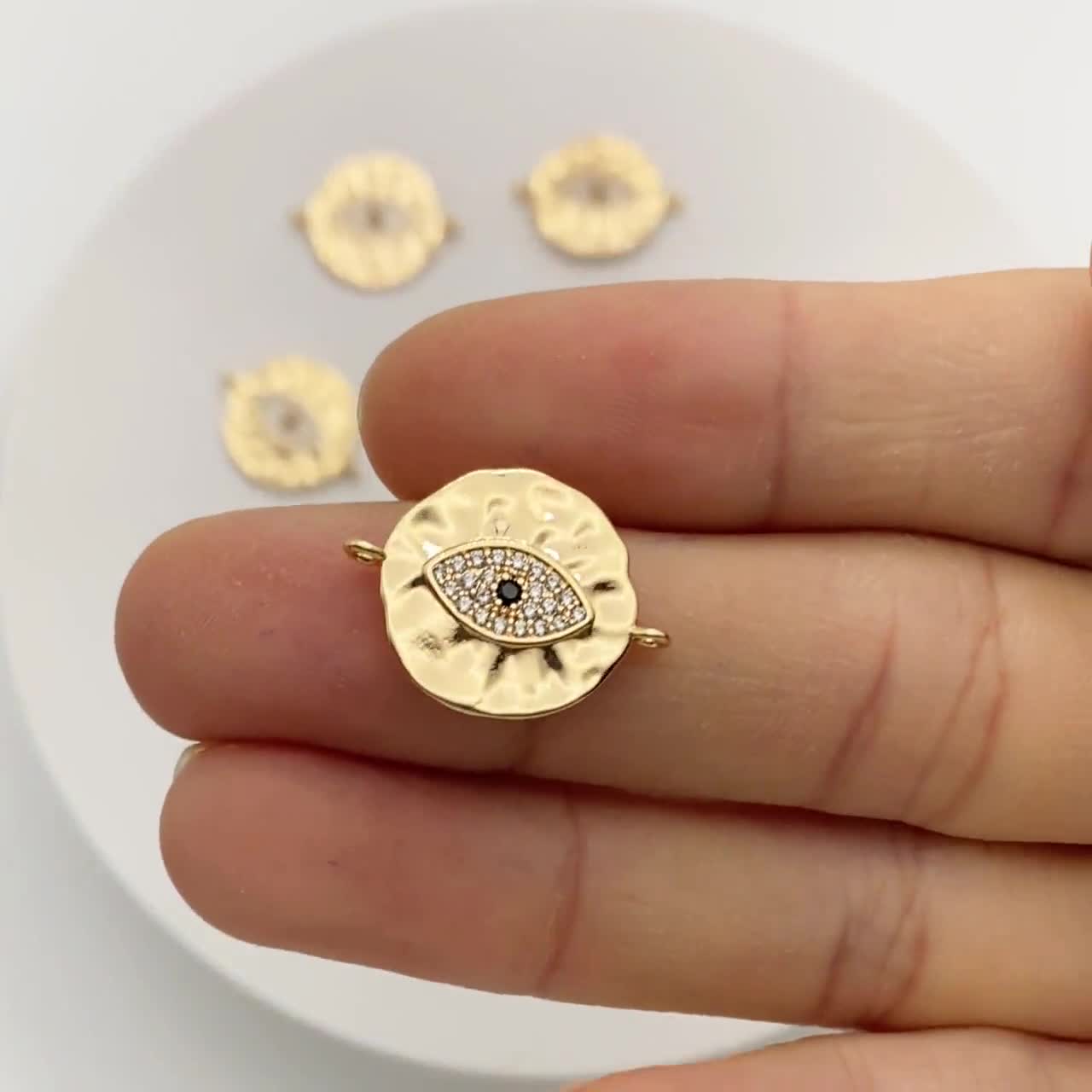 4個入り CZ パヴェゴールドコインコネクタ 19 x 15 mm、18K ゴールド