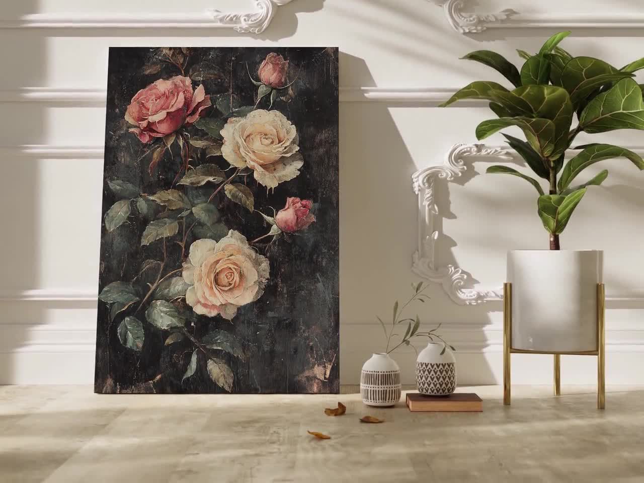 Vintage Rose Wall Art Print – Antique Floral Canvas With Cream and