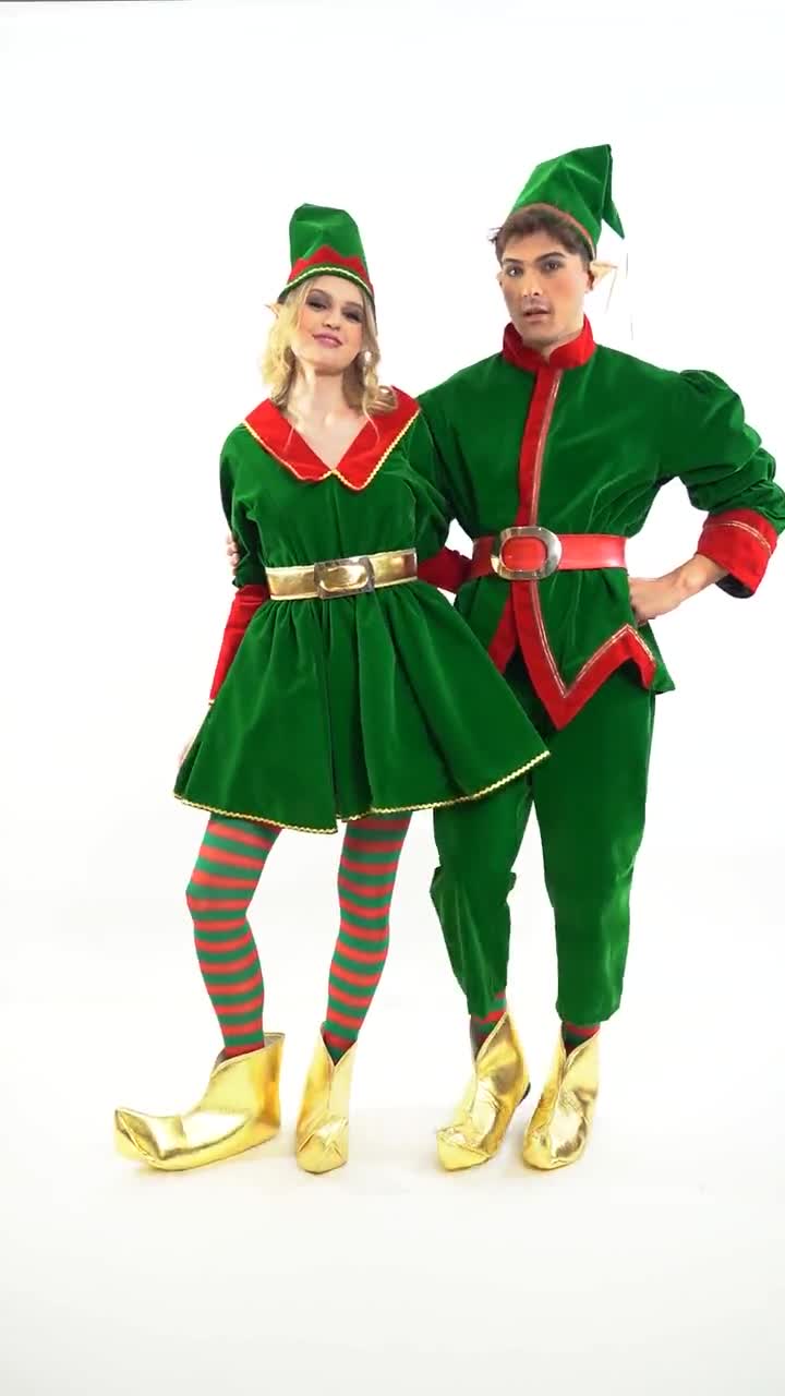 Christmas Elf Dress Costume: Women’s Green Velvet Handmade Outfit with Accessories