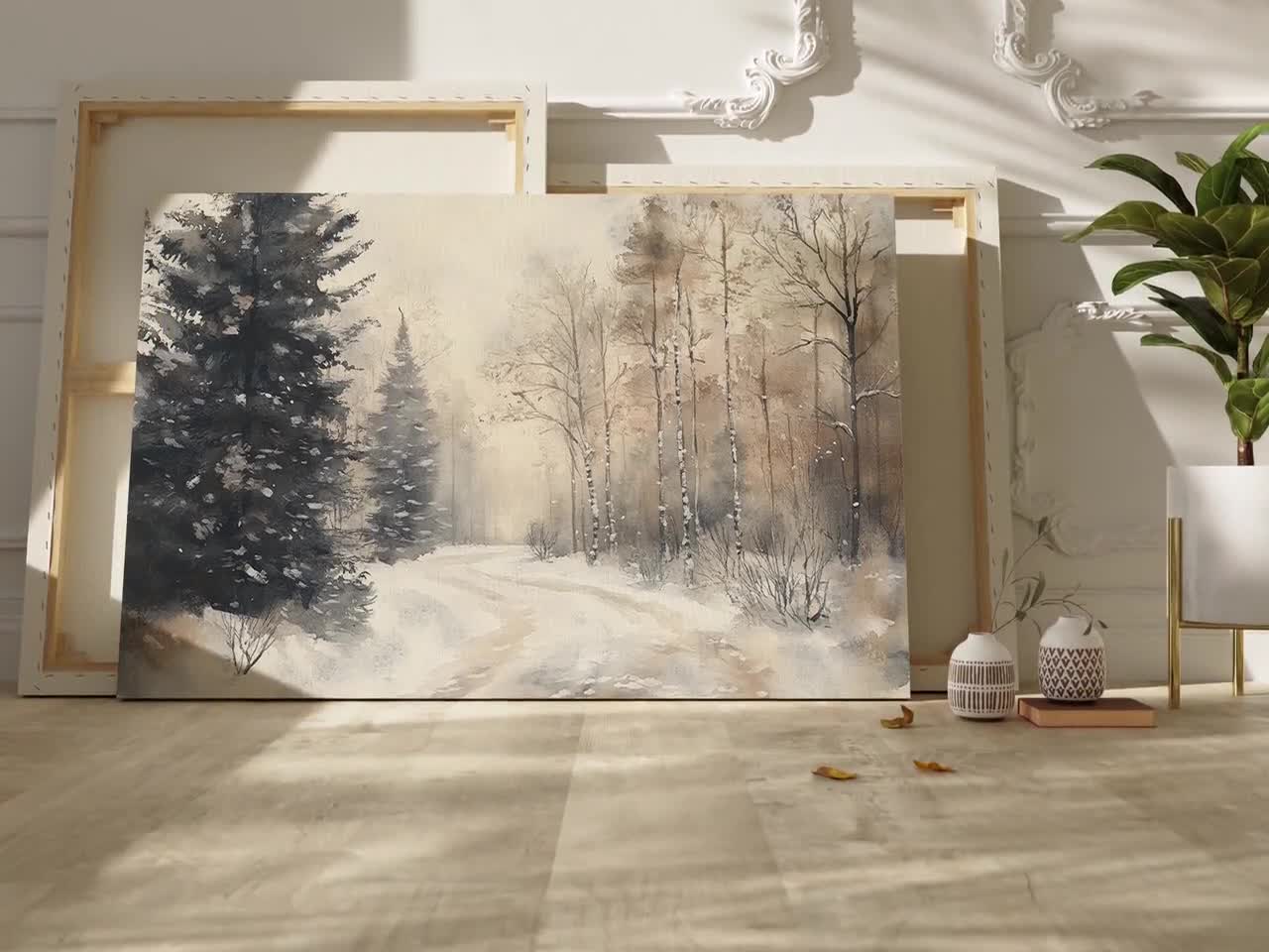 冬の森の風景キャンバスウォールアート、雪に覆われた森の絵画、素朴な