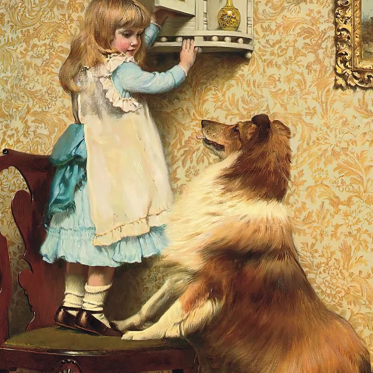 ヴィンテージ ガールと犬のアート | ブロンドの女の子とコリー