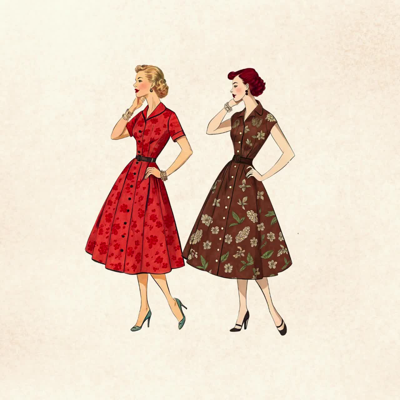 1950s Fashion Clip Art: Mid-century Ladies Dresses (digital Images