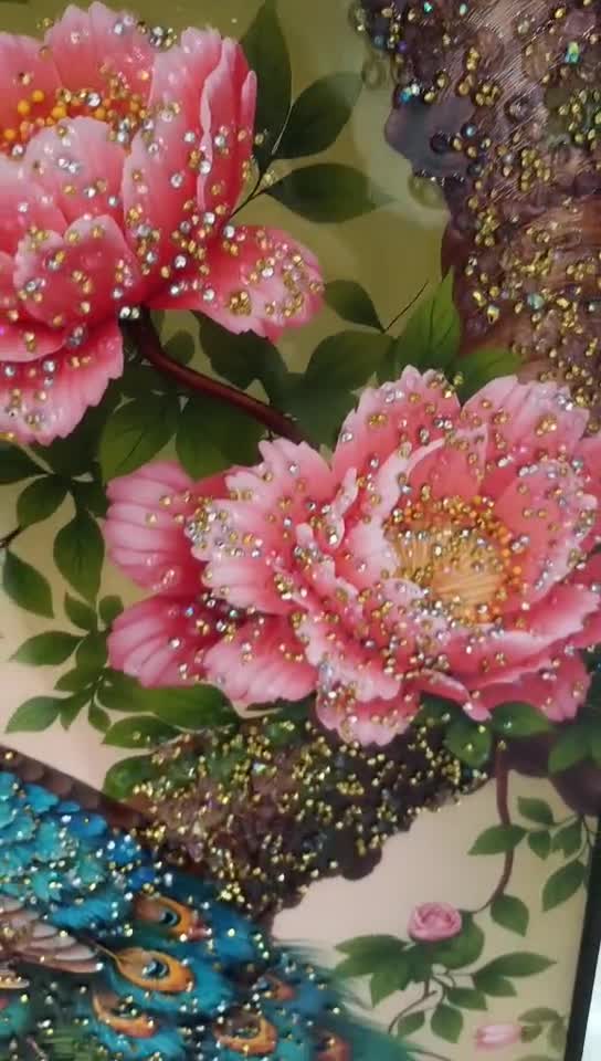 孔雀のクリスタル磁器製ウォールアート、額装された花柄動物画