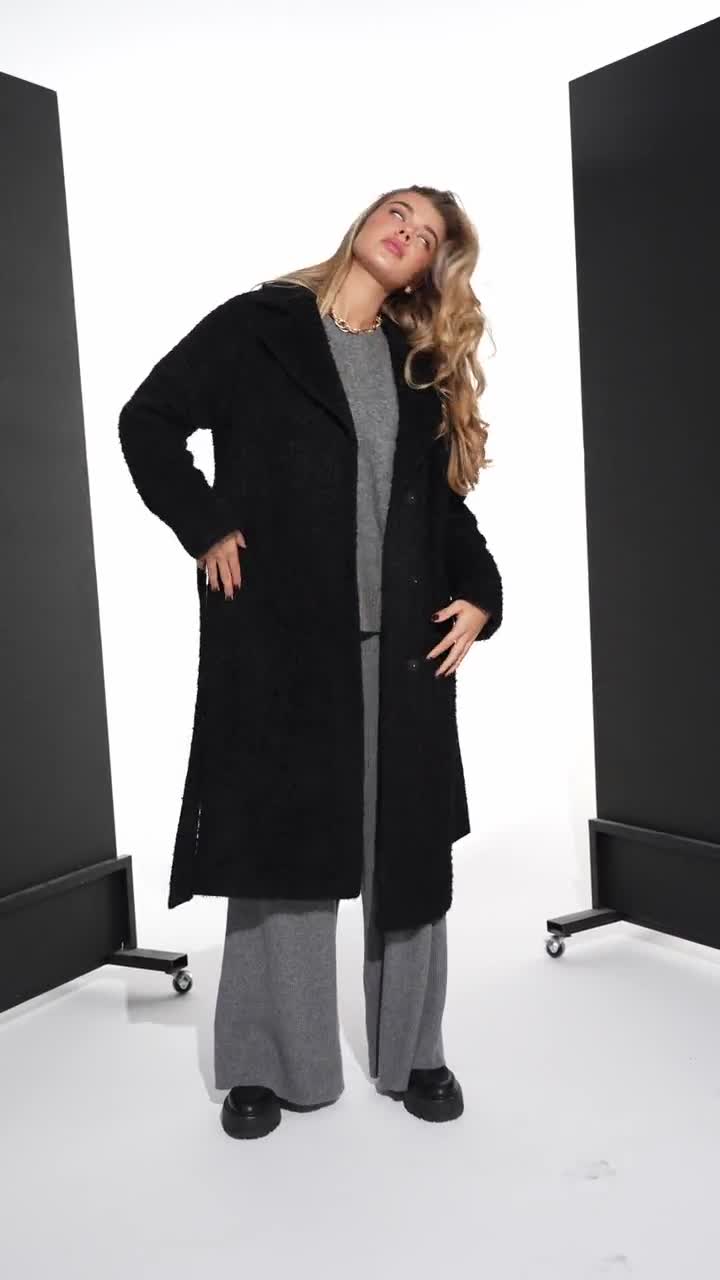 Black Alpaca Wool Coat, Warm Lined Winter Coat, Long Single