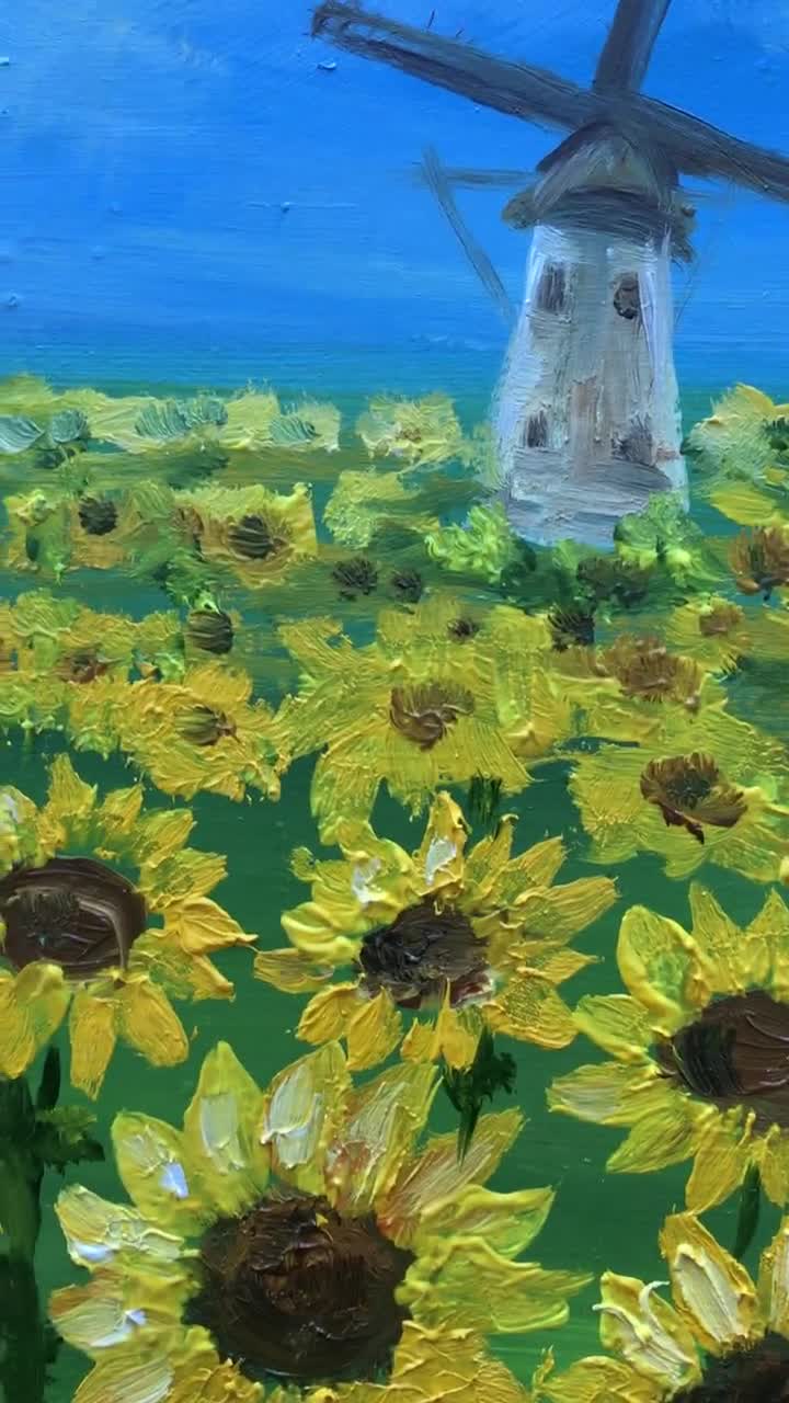 インパストひまわり畑の絵画：オランダの風車の風景、8x8のオリジナル