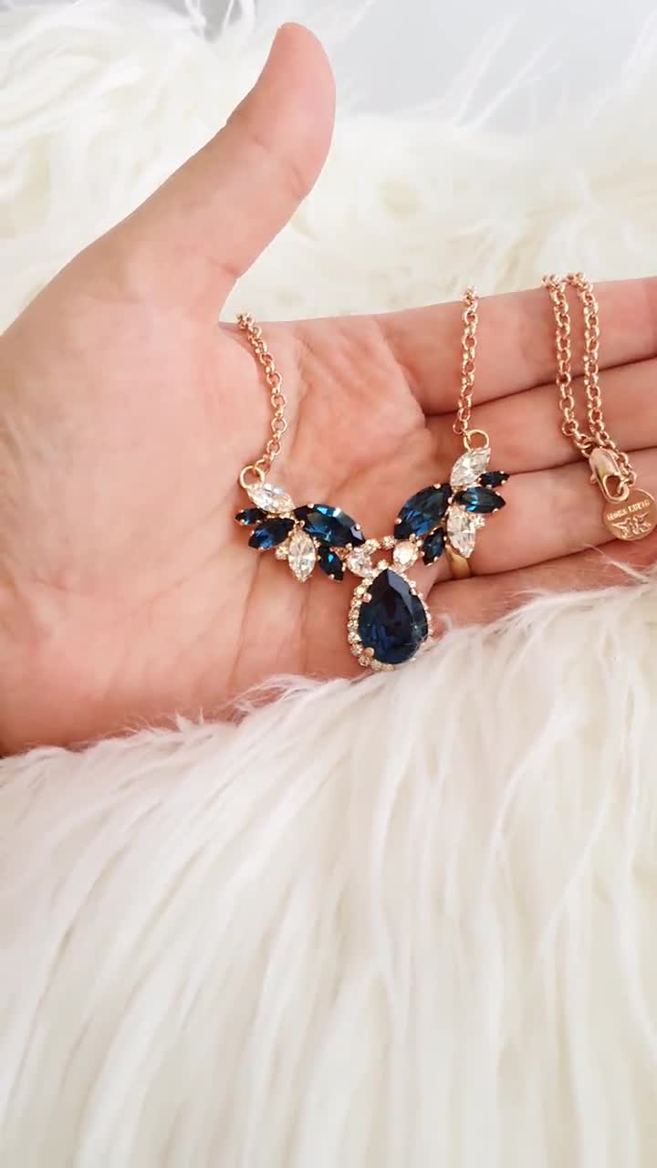 blue dress necklace NAVY Necklace, Bridal Blue Navy Crystal Statement Necklace, Dark Blue Crystal Necklace, Bridesmaids Necklaces, Bridal Blue Elsa from Frozen in evening satin maxi dress making it perfect for Size:Size N2