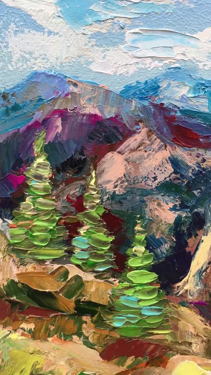 グレイシャー国立公園の油絵：インパスト山岳風景画（8x8） - Etsy 日本