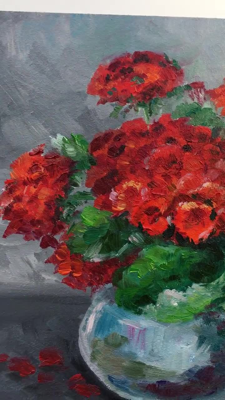 ゼラニウムの絵画：赤い花の厚塗り油絵、8x8インチ - Etsy 日本
