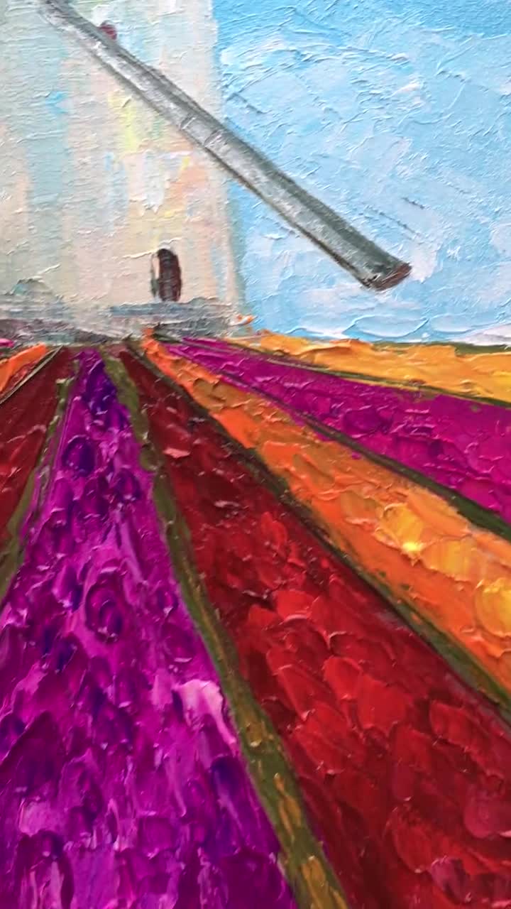 風車とチューリップ畑の絵画：オランダの風景画、インパストアート
