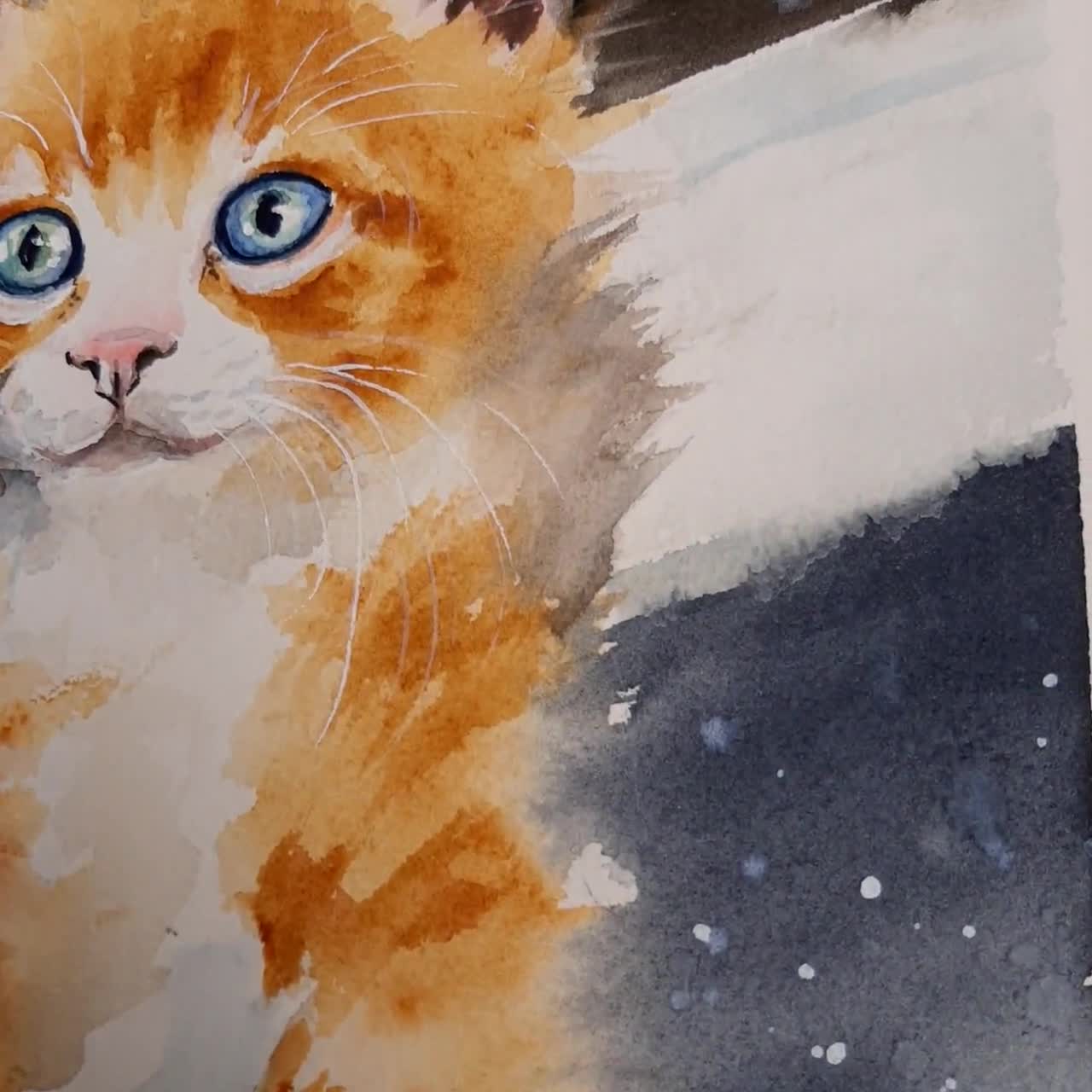 オリジナル水彩画の猫：ふわふわの茶トラ猫、ハンドメイドアート