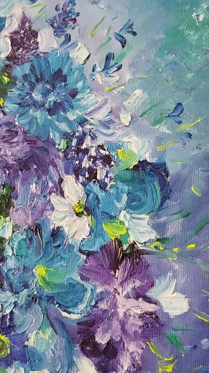 キャンバスに描かれた花の絵画。透明な花瓶に入った油彩画。壁の装飾画
