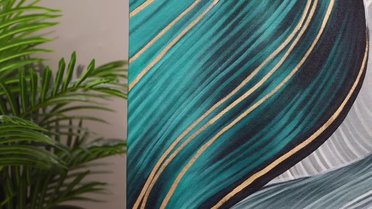 ティールとゴールドの抽象的なキャンバスウォールアート、特大のモダン