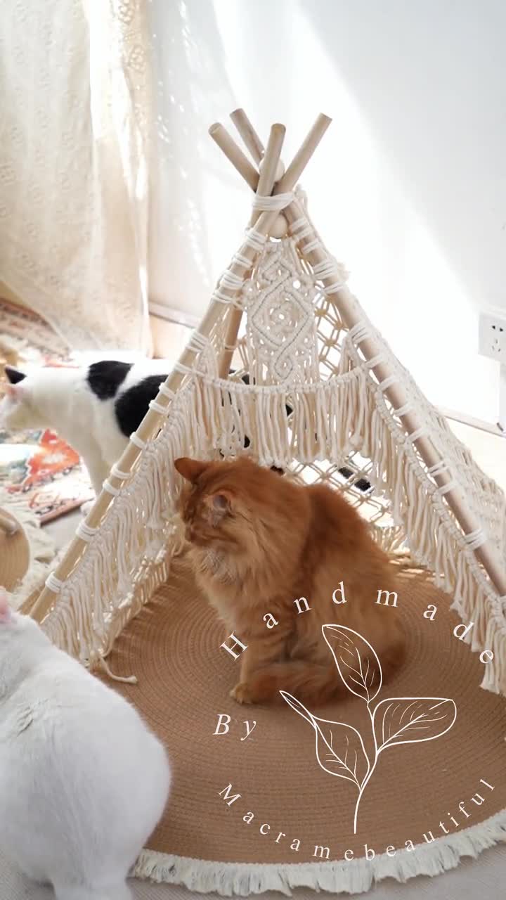 手作りマクラメペットティピー（ジュートマット付き）木製犬小屋猫