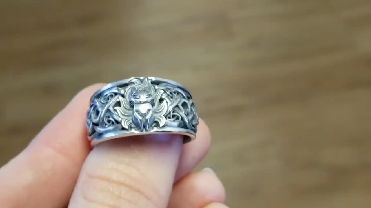 Kitsune Fox Celtic Ring, Kitsune Ring Sterling Silver, Fox Kitsune