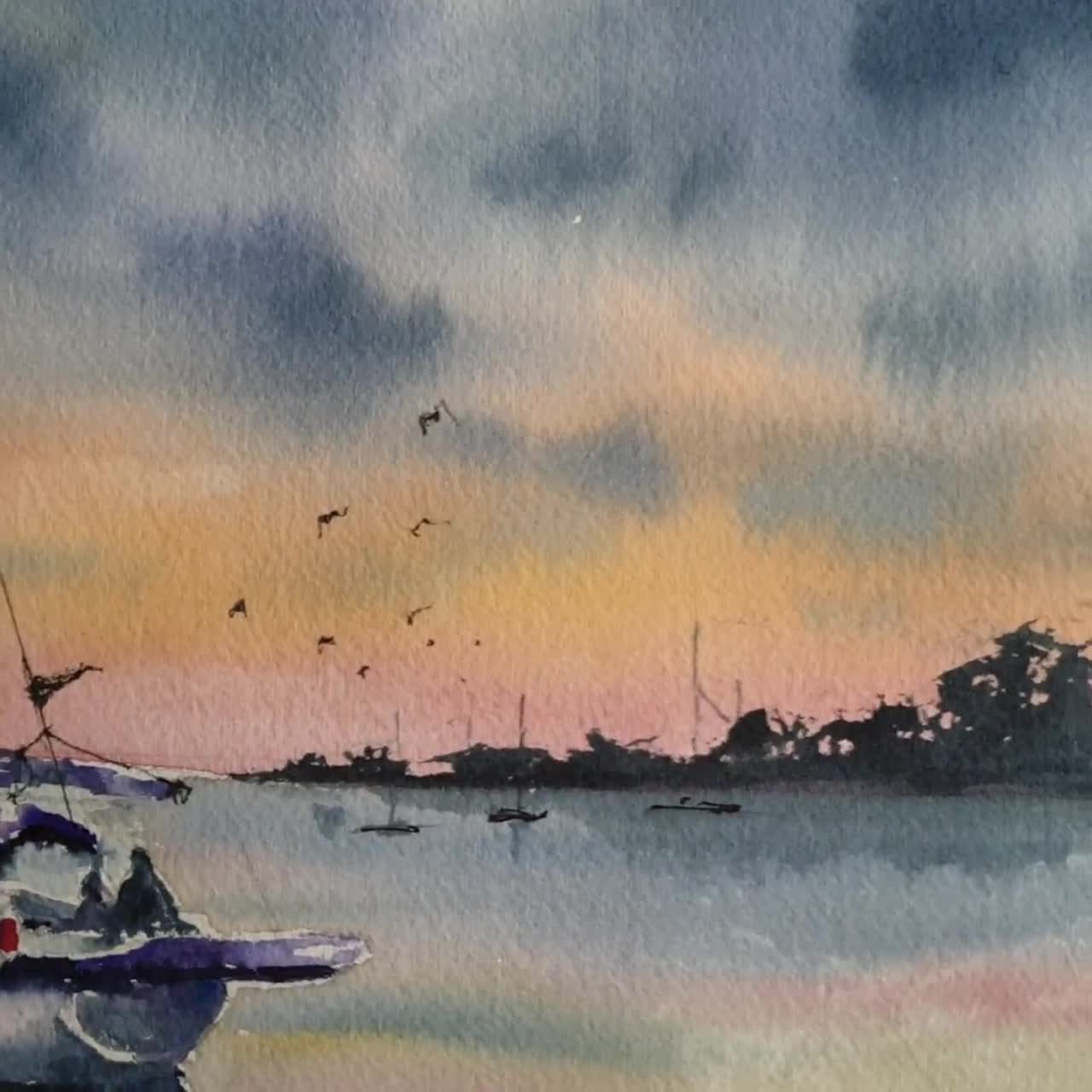 水彩画 ボート 夕焼け　40✖️40 帆船の夕焼けの水彩画、ボートの絵、夕焼けの帆船の壁アート、曇りの
