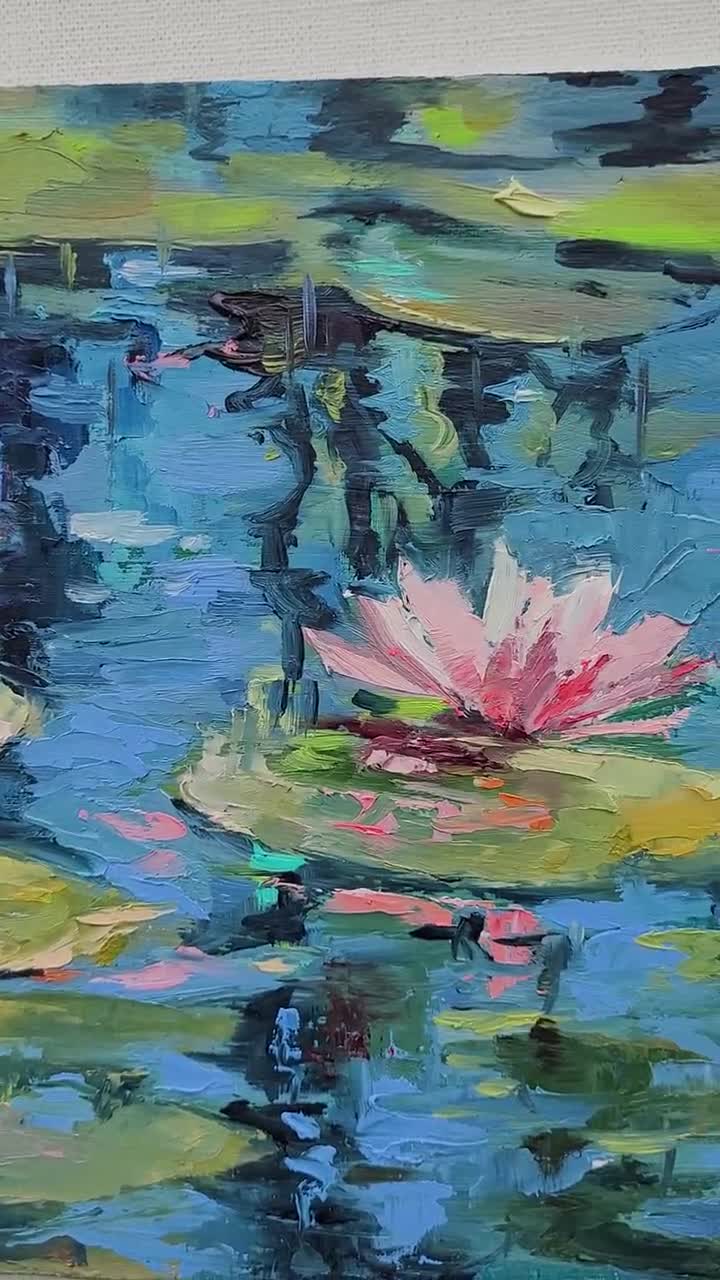 睡蓮の油絵：モネの池のアート、花の壁飾り（8x12）NatalyArtUa作
