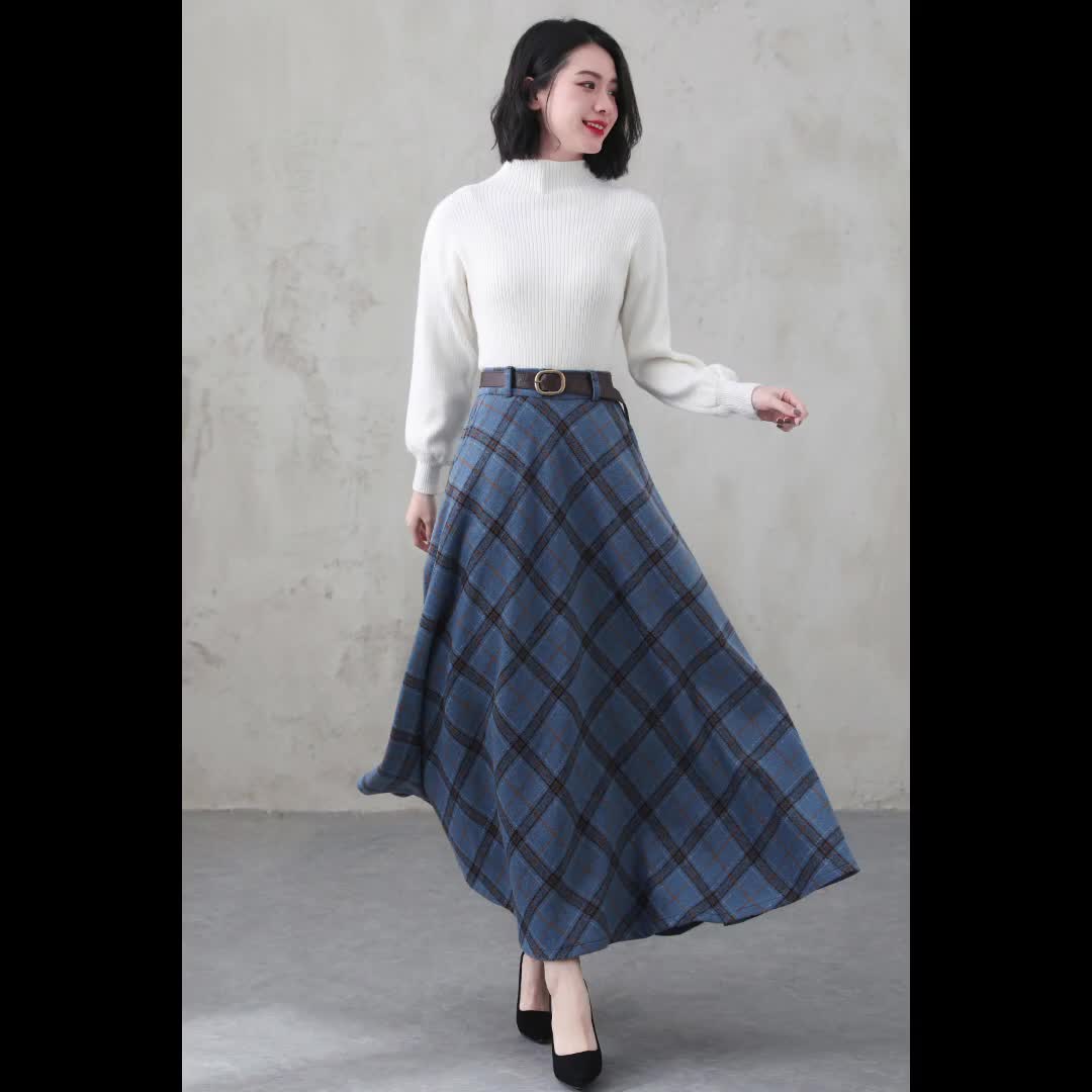 Vintage Inspired Long Wool Plaid Skirt, Blue Maxi Wool Skirt, A