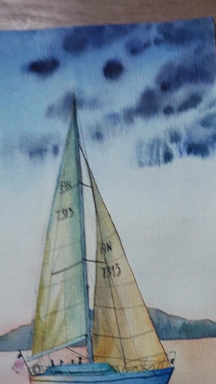Original Sailboat Watercolor Painting, Sunset Lake Seascape Art