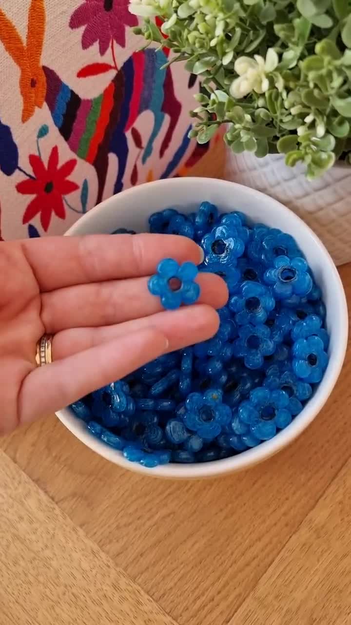 6 Aegean Blue Glass Flower Beads, Large Chunky Flower Artisan