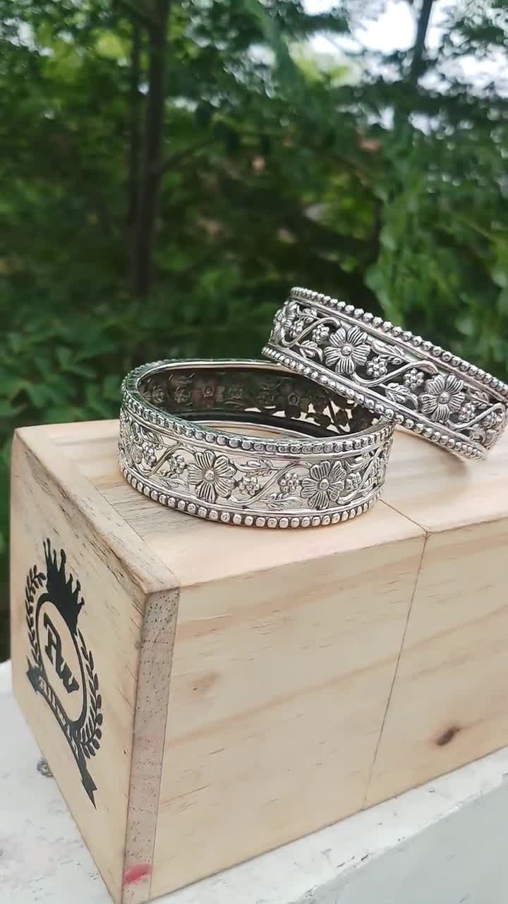 Vintage Sterling Silver Floral Bangles: Oxidized Victorian Choker