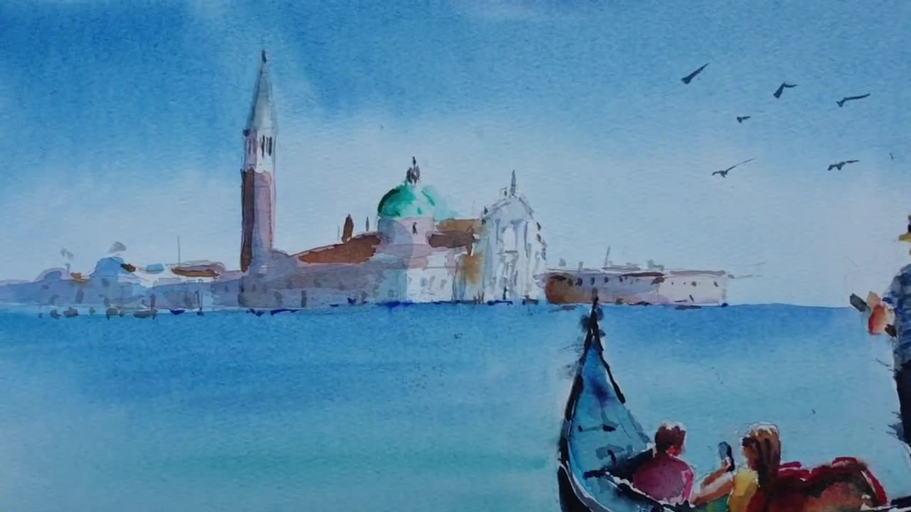 オリジナルのヴェネツィアのゴンドラの水彩画、イタリアの都市景観
