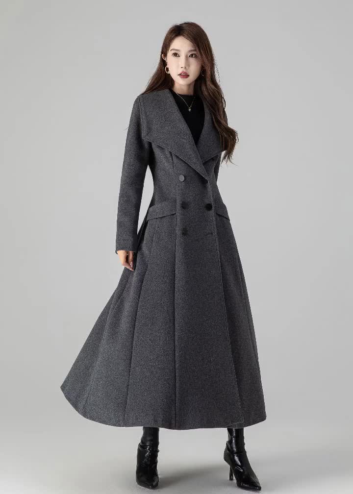 Dark Gray Wool Maxi Coat, Womens Wool Trench Coat, Warm Winter