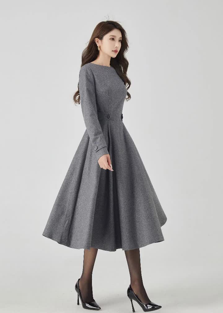 Gray Wool Dress, Midi Wool Dress, Swing Long Wool Dress for Women