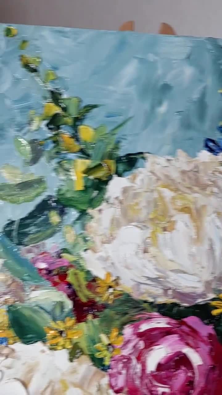 オリジナルの牡丹油絵、花の静物画、11インチ×16インチの花束アート