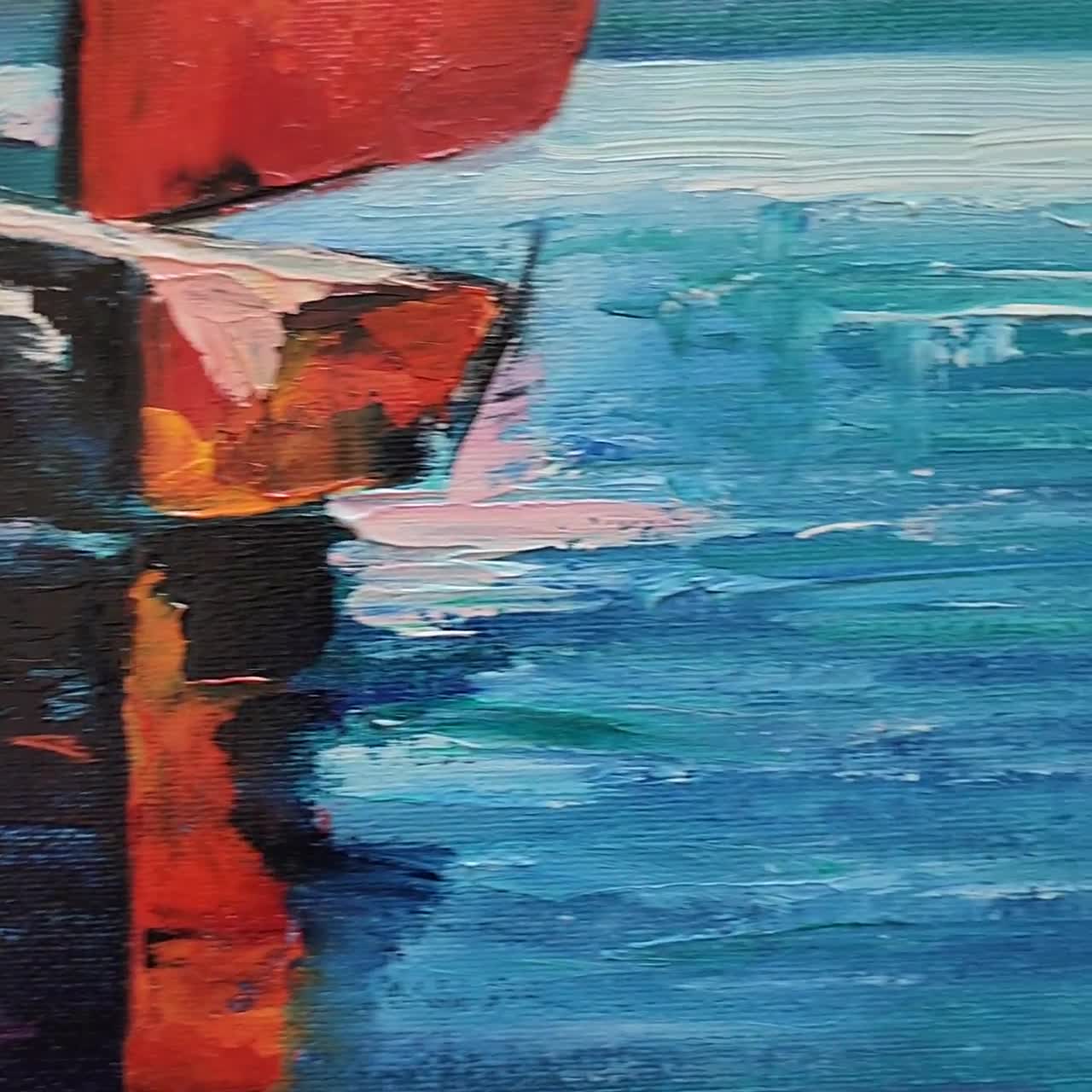 夕日の帆船の油絵、鮮やかな海の風景画、オレンジ色の空の海の