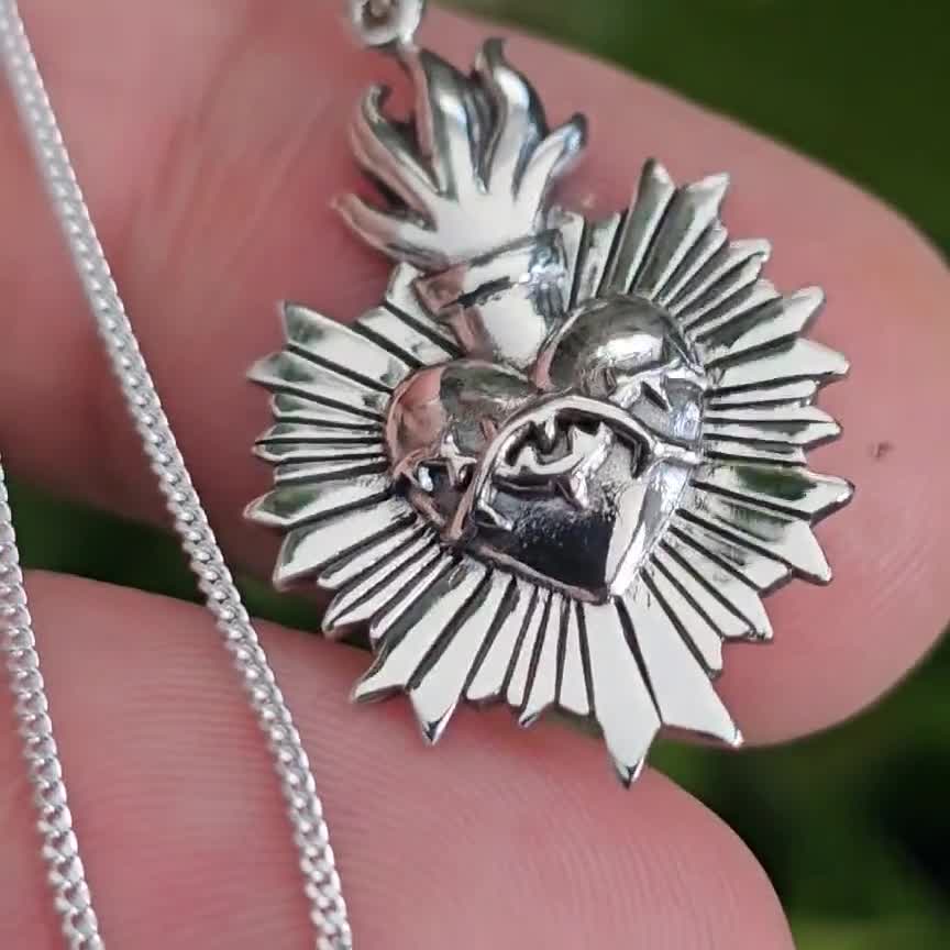 Sacred Heart Necklace Sterling Silver Flaming Heart Thorn Pendant