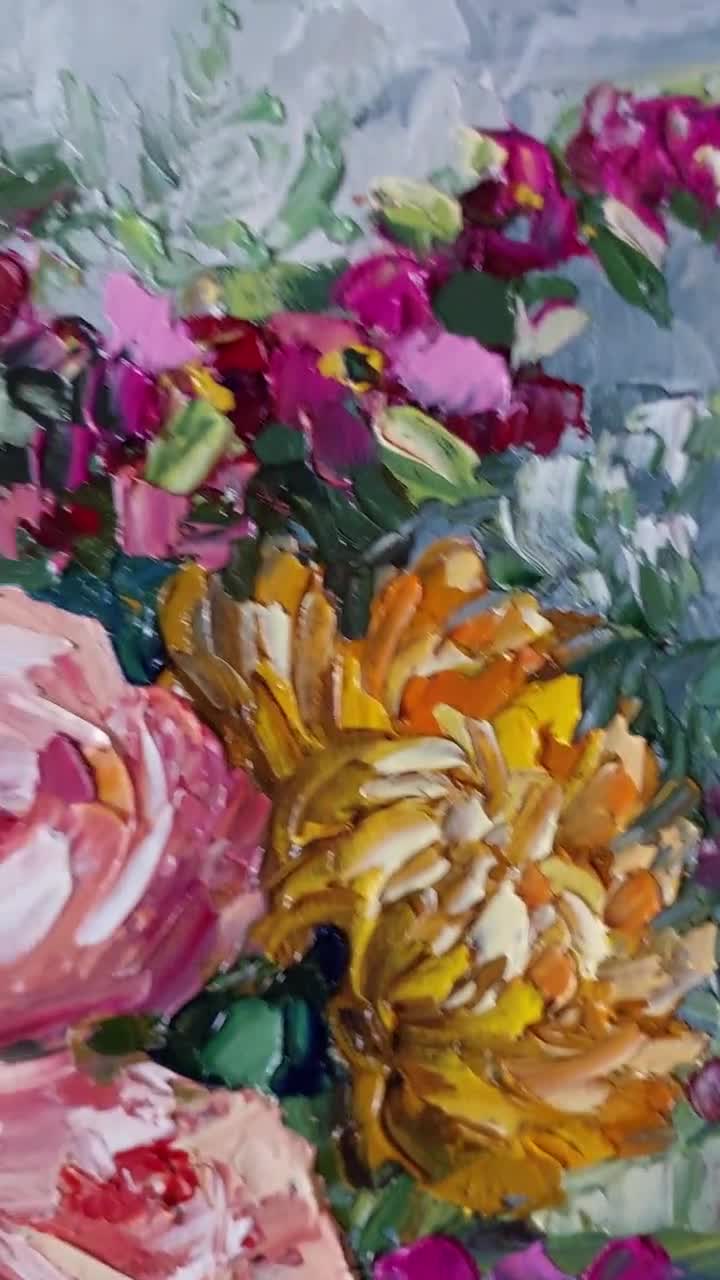 花のオリジナル油絵、バラの花の静物画の壁アート、花束の厚塗り油絵