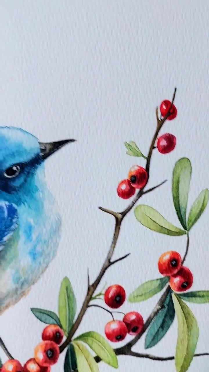 オリジナルの青い鳥の水彩画：枝に止まる鳥、竹紙 - Etsy 日本