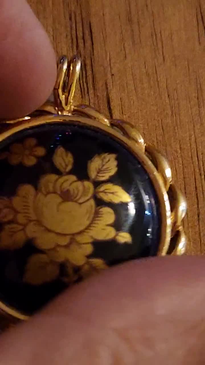 Vintage Limoges Castel France Goldtoned Pendant With a Black Vintage Limoges Castel France Goldtoned Pendant With a Black