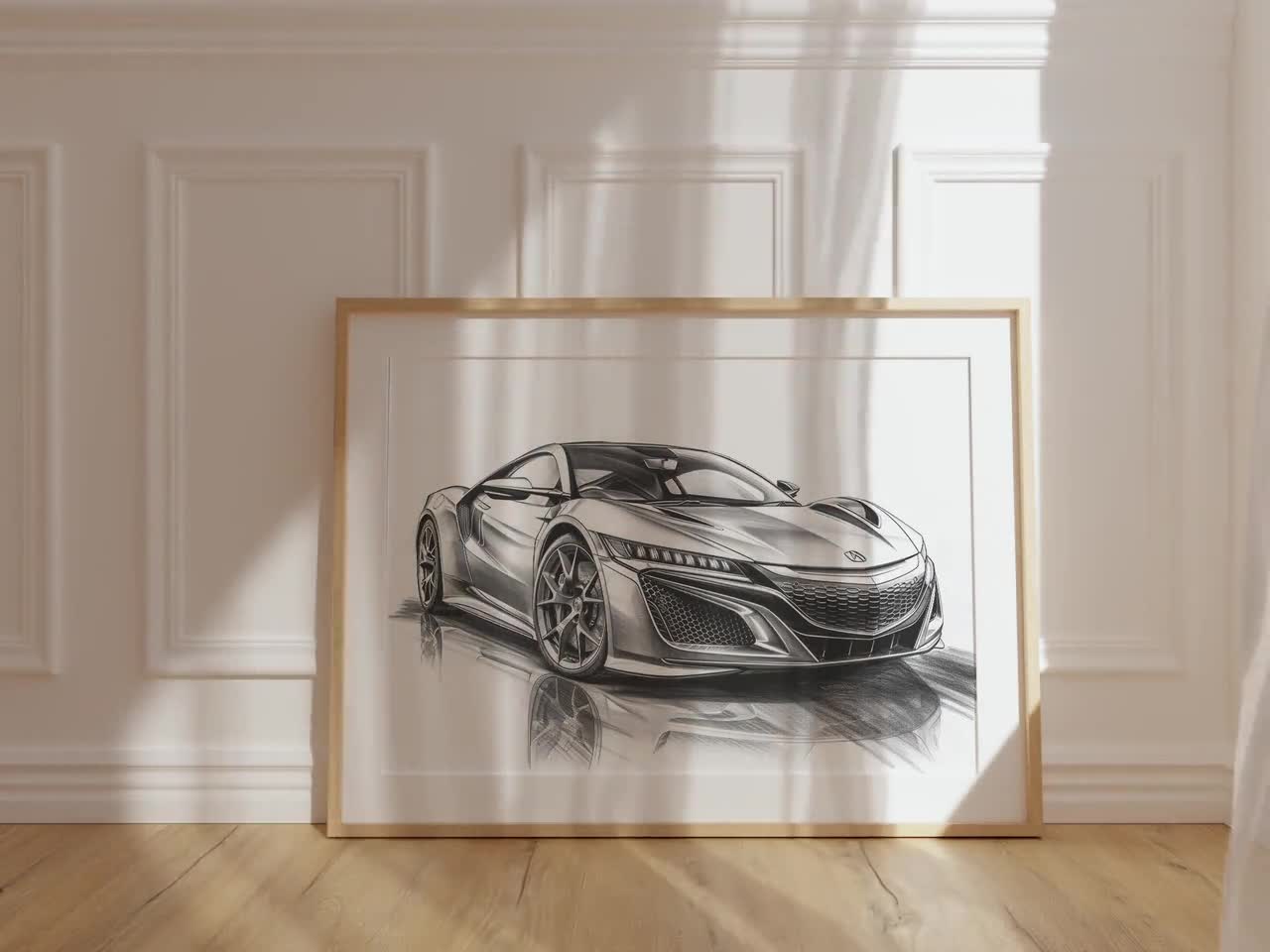 Acura NSXスケッチプリント：グレースケールカーアート、自動車ホーム